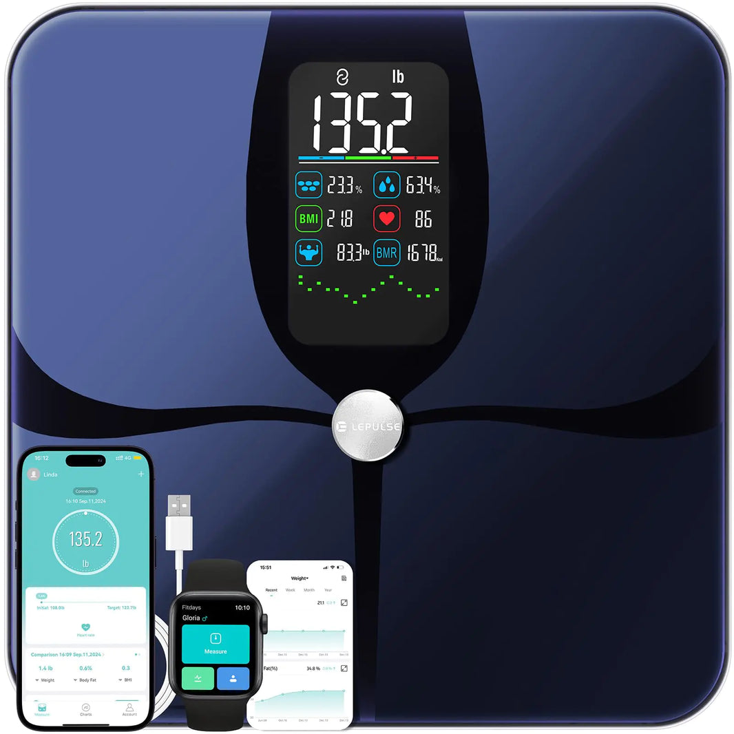 Lepulse Body Fat Scale for Body Weight 4.68” Large Display with Trend Smart Weight Scale with BMI Body Fat Muscle Mass Heart Rate Upgraded 22 Body Composition Scale with App Bathroom Scale Black